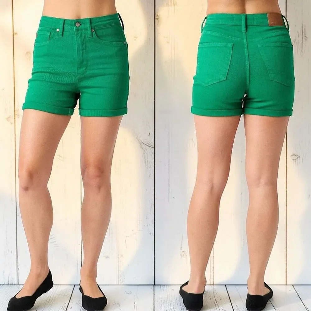 Judy Blue Shorts Green High Rise Tummy Control Cuffed Garment Dyed Stretch Denim - Picture 2 of 16